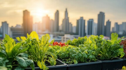 Fototapeta premium Urban rooftop garden with vegetables, close up, vibrant and lush, Double exposure silhouette with city skyline
