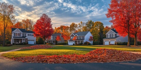 Obraz premium A picturesque suburban scene showcasing autumn foliage and charming homes.