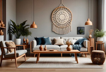 Living room interior in eco style with boho decorative elements