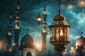 Obraz premium Holy month of Ramadan concept. Burning, lighting, glowing Ramadan Lantern on white table on the background of a dark blue textured wall. Greetings card. Place for text on the left.