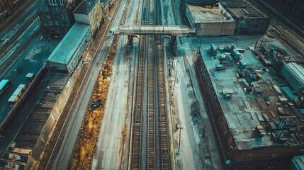 Obraz premium An aerial view of an empty metro line running through the heart of a sprawling urban environment, devoid of passengers.