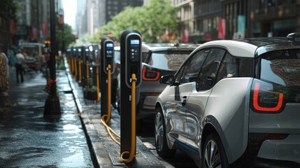 Electric car charging stations in a busy city, representing clean transportation.