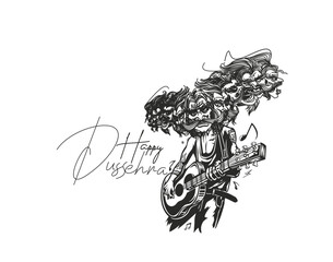 Dussehra celebration - Ravana ten heads , Hand Drawn Sketch Vector illustration.