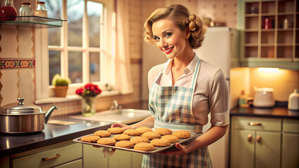 a photograph of a woman in a 1950s kitchen