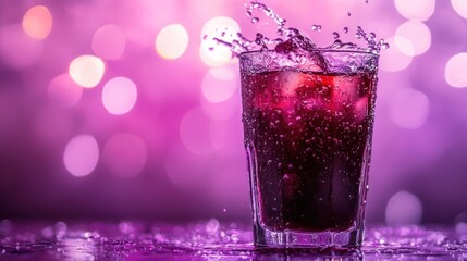 A refreshing drink with ice, splashing in a glass against a purple bokeh background.