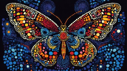 Australian Aboriginal dot painting style art dreaming with butterflies in traditional colors.
