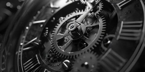 A close-up view of clockwork gears in black and white