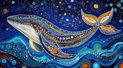 Australian Aboriginal dot painting art dreaming of whales in the blue ocean.