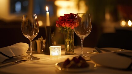 A romantic dinner table is beautifully set with elegant glassware, a flickering candle, and a vase of roses, creating a warm ambiance for an evening meal