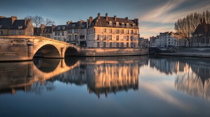 Obraz premium Tranquil riverside scene with historic buildings reflecting on the water at dusk.