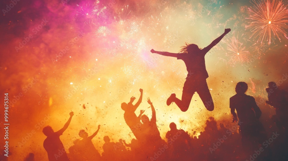 Canvas Prints A vibrant celebration with people jumping amidst colorful smoke and fireworks.