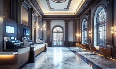 Marble floor lobby with ornate trim and chairs.