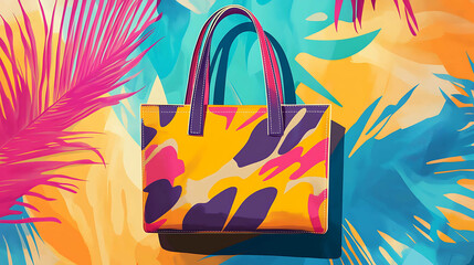 Fototapeta premium A colorful tote bag with a tropical print, set against a backdrop of tropical leaves.