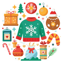 Fototapeta premium Christmas day illustration vector set of cool Christmas items, gifts, and decorations.All the icons are set against a white background.