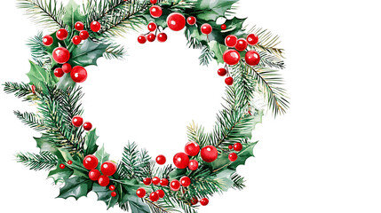 Watercolor Christmas wreath with holly and pine branches.