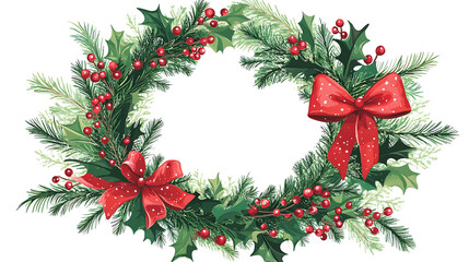 A Christmas wreath with green pine, holly, red berries, and two red bows.