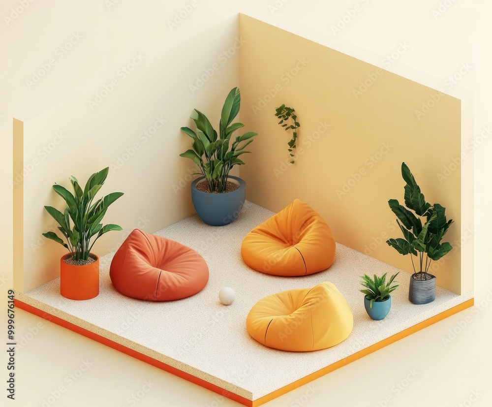 Wall mural A cozy corner with bean bags and plants, ideal for relaxation or social gatherings.