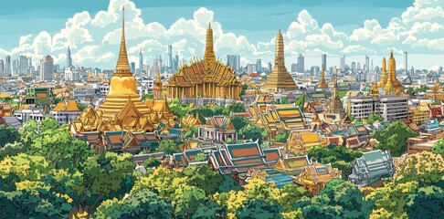 Naklejka premium An Art Deco cityscape of Bangkok featuring the iconic Wat Arun temple, the Grand Palace, and the vibrant skyline along the Chao Phraya River.