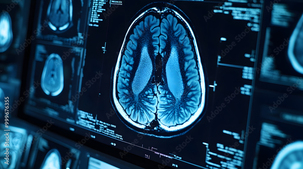 Poster a close-up of a brain scan on a computer screen. the scan shows the structure of the brain in detail