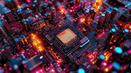 Obraz premium A close-up of a CPU socket surrounded by transistors, resistors, and capacitors on a circuit board.