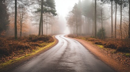 Obraz premium A winding road through a foggy forest, creating a serene and mysterious atmosphere.