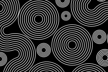 Abstract white lines circles on black background, linear swirls path vector banner template.