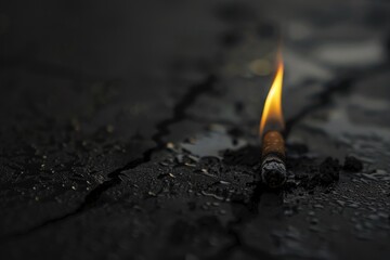 A close-up shot of a cigarette lying on the ground, with a hint of ash and burnt filter