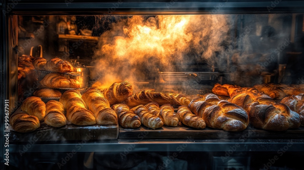 Sticker A display of freshly baked bread emitting steam, showcasing various pastry shapes and textures.