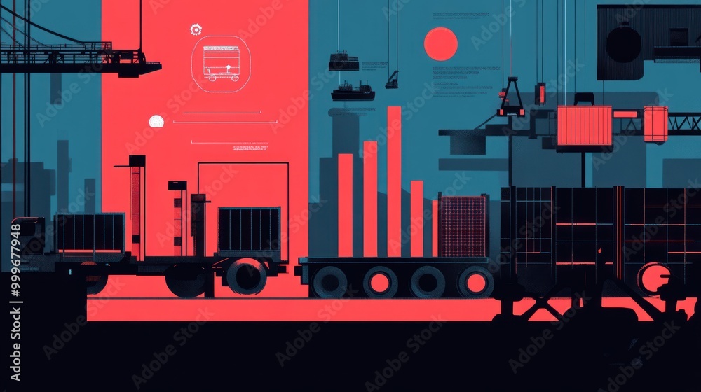 Sticker A stylized graphic depicting a transport and logistics scene with containers and data elements.