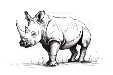 Fototapeta premium A detailed black and white sketch of a rhinoceros standing proudly, showcasing its distinct features. Ideal for wildlife-themed projects, educational content, or any designs focusing on exotic animals