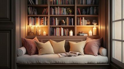 A cozy reading nook with built-in shelves filled with books, magazines, and decorative candles.