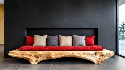 Wood log coffee table near rustic sofa with red cushion and grey and beige pillows against black stucco wall.