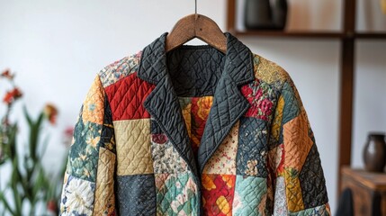 Handmade Patchwork Quilt Jacket Hanging on Wooden Hanger in Cozy Home Interior