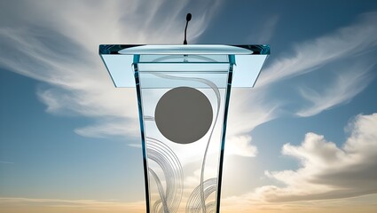 Front view of a transparent podium with abstract content and a vacant area against a background of blue clouds and sky