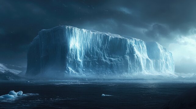 A dramatic shot of an iceberg in the distance with a snowstorm approaching from the horizon.