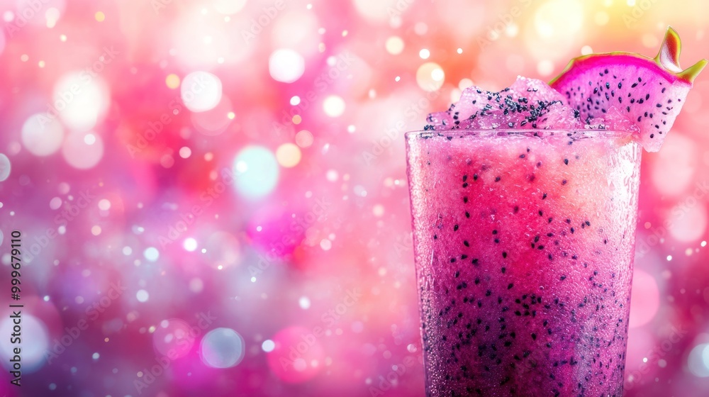 Canvas Prints A vibrant drink garnished with dragon fruit against a colorful bokeh background.