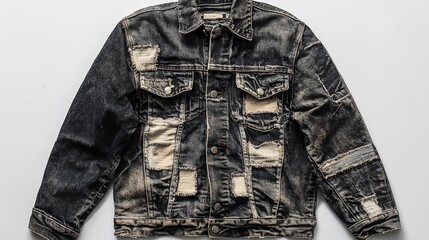 Naklejka premium Distressed Denim Jacket on Light Background. Trendy Vintage Fashion Outerwear