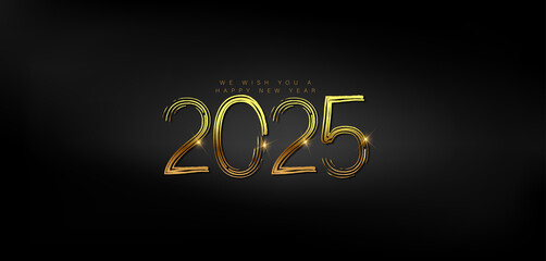 Gold text reading Happy New Year 2025 on a sleek black background, celebrating the new year with elegance