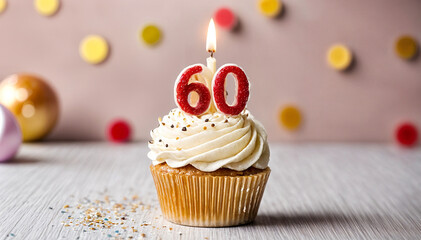 Birthday cupcake with burning lit candle with number 60. Number sixty for sixty years or sixtieth anniversary.