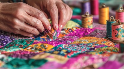 Close-Up of Hands Sewing Colorful Patchwork Quilt with Vibrant Threads and Fabrics