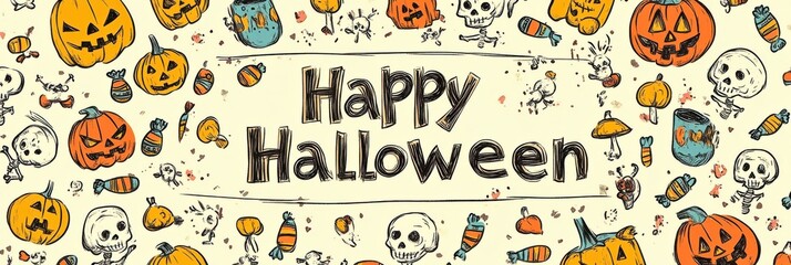 Playful Halloween greeting card with hand-drawn pumpkins, skulls, candy, and "Happy Halloween" text in the center