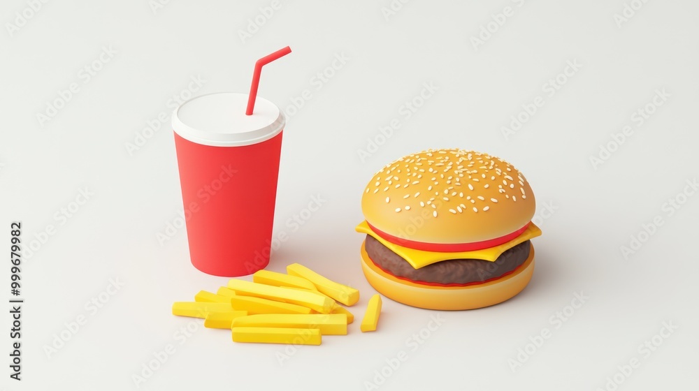 Poster A 3D rendering of a burger, fries, and a drink, representing fast food.