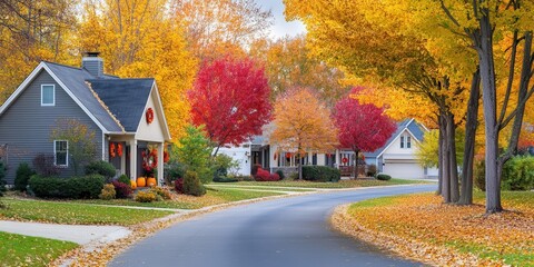 Obraz premium A serene autumn neighborhood with colorful trees and cozy homes lining the street.