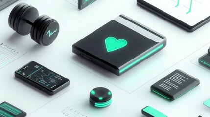 A collection of health and fitness gadgets, including a heart monitor and smart devices.