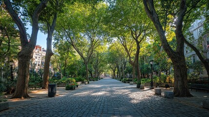 Obraz premium A serene pathway lined with trees, creating a peaceful urban retreat.
