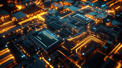 Obraz premium A futuristic scene of a circuit board with CPU, glowing data paths, and high-tech lighting.