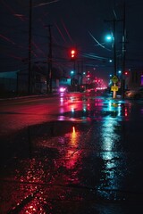 Fototapeta premium A nighttime scene of a wet street lit by red and green neon lights