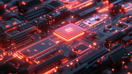Obraz premium A glowing circuit board with visible CPU connections, giving a futuristic tech vibe.