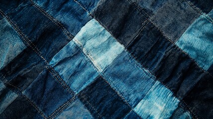 Close-up of Denim Patchwork Quilt with Various Shades of Blue