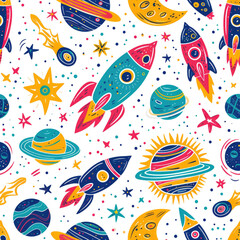 Seamless pattern, Colorful Space-Themed Seamless Pattern with Rockets, Planets, Stars, and Moons in a Whimsical Cartoon Style